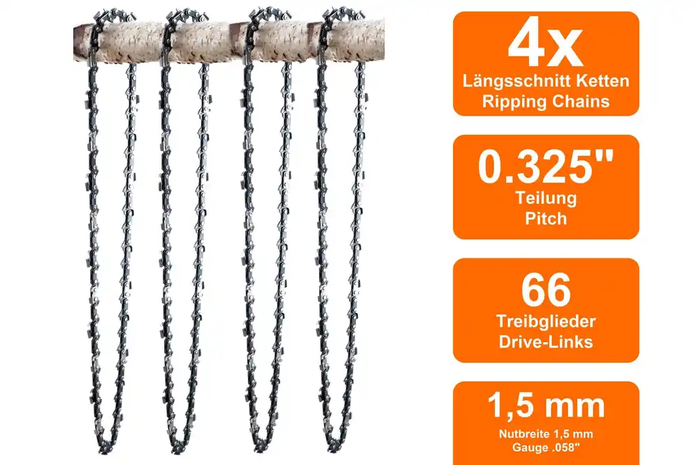 4 Längsschnitt Sägeketten passend für Echo CS-3700ES 40cm 0.325 66TG 1,5mm Highlight